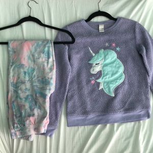 Matching pj set purple long sleeve with unicorn and cotton candy colored pants
